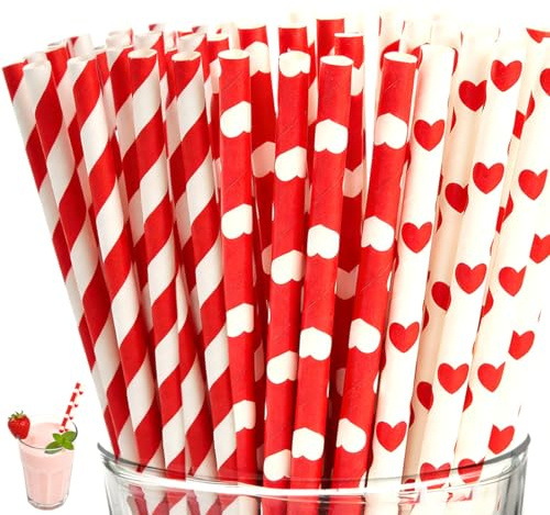 JRYXDS Lot De 100 Pailles En Papier,Rouge Blanc Cœur Rayures Pailles Carton Jetables Pour Fêtes, Anniversaires, Saint-Valentin, Mariages, Cocktails (Ø6 X 197Mm)