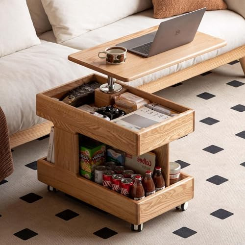Solid Wood Side Table with Wheels, Lift Top Coffee Table with Adjustable Height, Mobile Bedside Table with Storage for Living Room, Bedroom, Dining Room, Assembled Side Table(Oak, Natural Wood Tone)