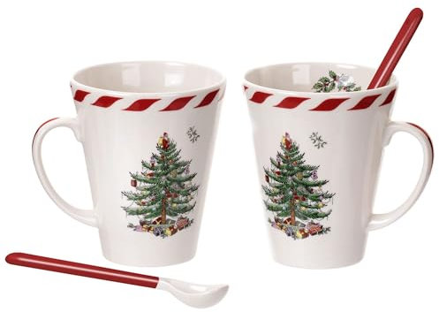 Spode Christmas Tree Peppermint Mugs with Spoons, Set of 2