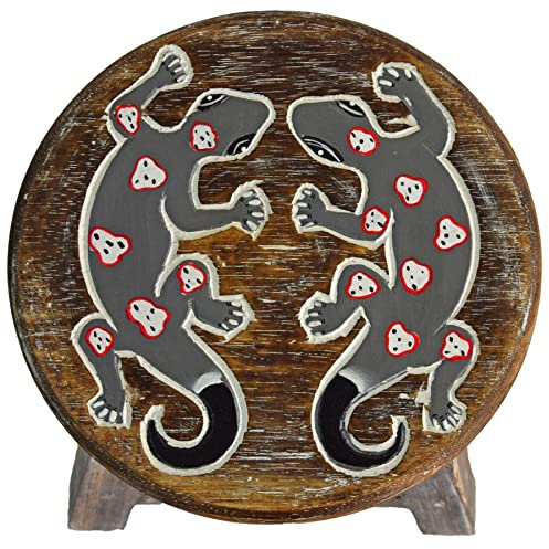 Simandra Holzhocker Kinderhocker Hocker Sitzhocker Fußbank Massivholz Schemel Stuhl mit Tiermotiv Deko braun Farbe Gecko