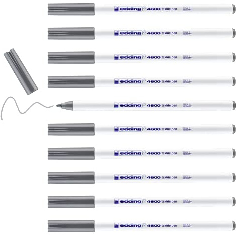 edding 4600 textile pen - grey - box of 10 - round nib 1 mm - permanent fabric pens for drawing on textiles, wash-resistant to 60 °C - fabric pen