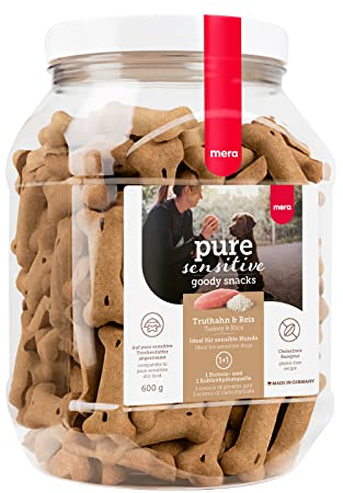 MERA pure sensitive Goody Snack, gesunde Leckerlis für sensible Hunde, Hundeleckerli aus Truthahn und Reis, Hundesnack glutenfrei zum Training (600 g)