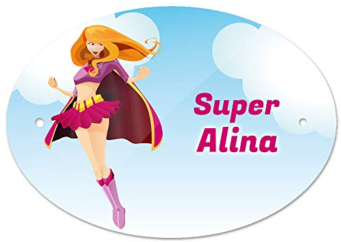 Eurofoto Türschild mit Namen Alina und Motiv mit Superheldin für Mädchen | Kinderzimmer-Schild