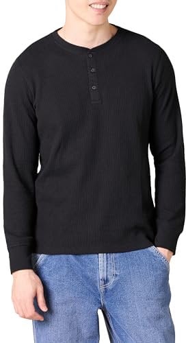 Amazon Essentials Men's Slim-Fit Long-Sleeve Waffle Henley Shirt, Black, M