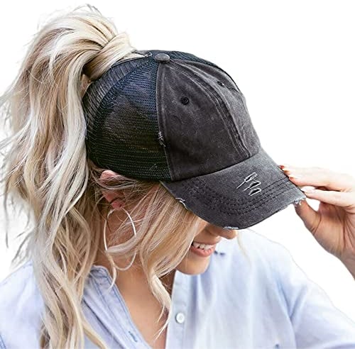 Baseballkappe Pferdeschwanz Messy-Bun Hut Distressed Baumwolle Washed Vintage - Schwarz - Medium