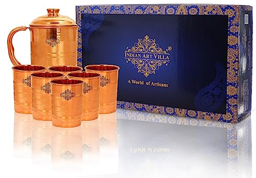 Indian Art Villa Pichet en cuivre avec 6 verres - Design luxueux - Coffret cadeau de Noël - 7 pièces - Marron