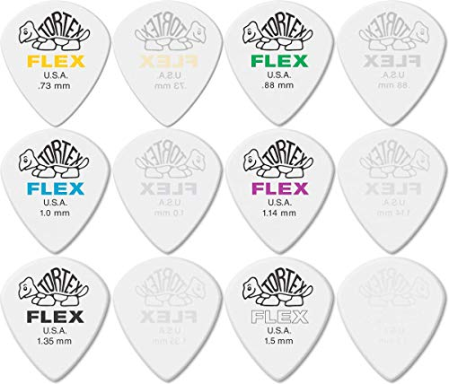 JIM DUNLOP Plektrum Tortex Flex Jazz III XL, Schachtel mit 216, Weiß, Kaliber: 0,73 - 0,88 - 1 - 1,14 - 1,35 - 1,5mm