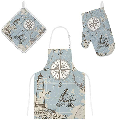My Daily Kochschürze mit Taschen, Ofenhandschuh und Topflappen Set, Anker Kompass Leuchtturm Muschel Verstellbare Schürze, Mikrowellen-Handschuh, Topflappen 3 Stück, Küche Geschenkset