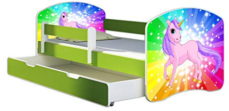 ACMA Kinderbett Jugendbett mit Einer Schublade und Matratze Grün mit Rausfallschutz Lattenrost II 140x70 160x80 180x80 (18 Pony Regenbogen, 180x80 + Bettkasten)