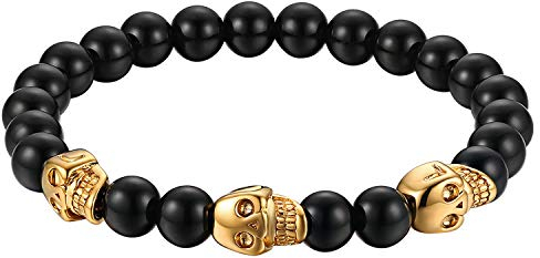 Flongo Herren Armband, 8mm Glas Edelstahl Armband Armreif Link Handgelenk Silber Schwarz Gold Totenkopf Schädel Gebet Kugel Perle Perlen Punk Biker Herren