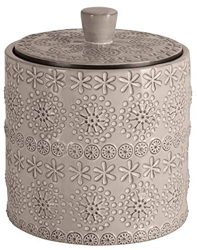 Spirella Wattepaddose Relief Kosmetikorganizer für Make Up und Schmuck Porzellan Wattepadspender, Kleiner Wattestäbchen Spender aus Kunststoff, runde Wattepads Aufbewahrung mit Deckel Beige