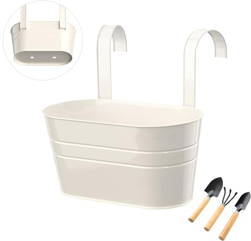 IHONYI Metal Hanging Plant Pots, Double-Hook Balcony Flower Buckets, Plant Holder for Home and Garden Decoration (Hole-White)