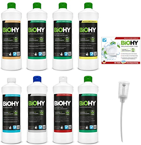 BiOHY Reinigungsmittel Kombi Set mit Dosierer und Spülmaschinentabs (8 x 1 L) | für alle Anwendungsbereiche | kraftvoll & effizient | 100% vegane Reiniger ohne schädliches Mikroplastik