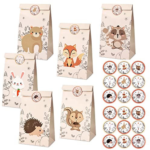Papiertüten Kinder, 12 Stück Tierische Papier Geschenktüten mit 18 cute Aufkleber, Geschenk-verpackung Papiertüten Kraftpapiertüte zum Verpacken von Geschenken, Kindergeburtstag