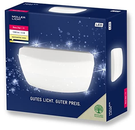 Müller-Licht LED Deckenlampe Deckenleuchte Wandlampe Reva Star Square 30, quadratisches Panel, 12 W, warmweiß (3000 K), 1200 lm, inkl. Sternenhimmel Effekt, weiß
