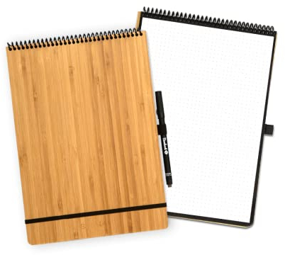 BAMBOOK Notepad - Bambus-Holz Hardcover - A4 - Gepunktet, Wiederverwendbares Notizbuch, Notizblock, Reusable Notebook