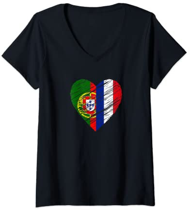 Femme Coeur France Portugal Drapeau France Portugal Amour Coeur T-Shirt avec Col en V