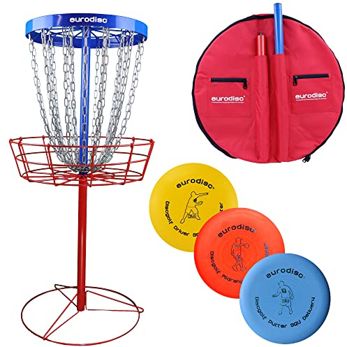 eurodisc Disc-Golf-Korb DLC Double Layer Chain mobiler Discgolfkorb mit 24, (2 Reihen), schweren Ketten + Tasche für Transport + Discgolf Starter Set (3 Scheiben)