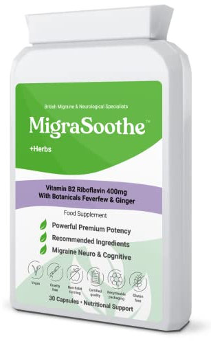 Migraine Relief Feverfew + Ginger + Vitamin B2 Riboflavin 400mg per Capsule - Migrasoothe + Herbs NHS Recommended Ingredients UK Made Stress, Headaches Tremors & Energy Vegan. Vitamin B2 400 [30]