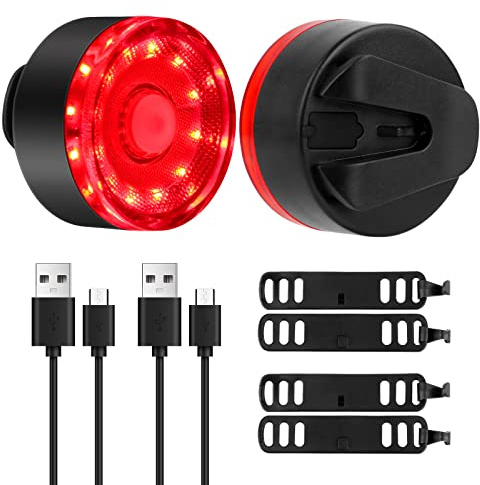 2 Piezas Luz Trasera de Bicicleta Recargable USB, 5 Modos Rojo Luz LED Bici Impermeable, Faro Trasero Bici para Casco, Cochecito de bebé, Mochila, Tienda de Camping, Collar-Mascotas, Scooter-niños