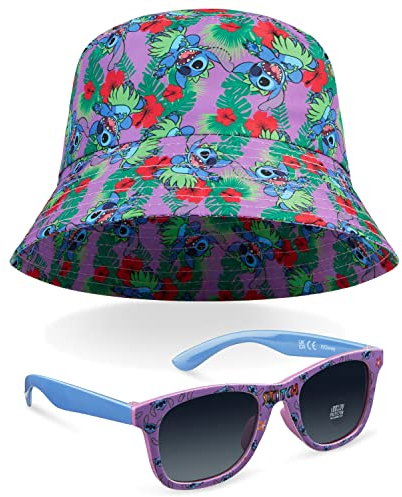Disney Stitch Sunglasses and Bucket Hat Summer Accessories Set for Girls Lightweight Breathable One Size Sun Hat 100% UV Protection Kids Sunglasses Travel Holiday Stitch Gifts for Girls (Purple/Multi)