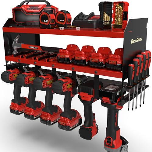 Toolganize Garage Power Tool Organizer, Wall-Mounted Storage Rack & Charging Station, Heavy-Duty for Workshop & Garage Tools, Large 6-Pack, Milwaukee Red.