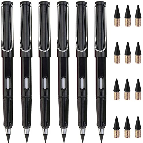 Qikaara Ewiger Bleistift, 6 Stück Schwarz Tintenloser Bleistift, Langlebiger Magischer Bleistift, Bleistifte Set, mit auswechselbaren Spitzen, unendlicher Bleistift, Magic Pencil black