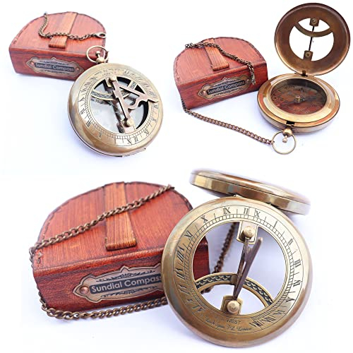MADSNIIB Messing-Sonnenuhr-Kompass mit Lederetui und Kette, Antik-Design, Push-Open-Kompass, handgefertigte Sonnenuhr-Uhr, einzigartiges Steampunk-Accessoire und Geschenkidee für geliebte Menschen