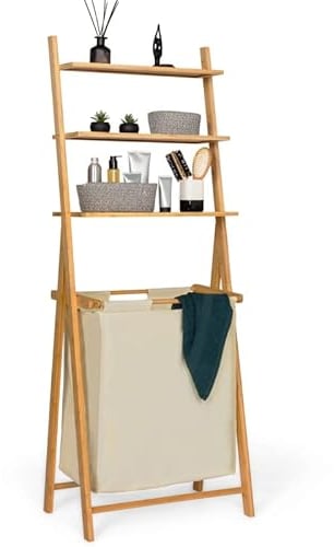 IDMarket - Panier à Linge 2 bacs Bambou Lana avec étagères Tissu écru