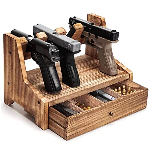 Rack de pistolet en bois massif Porte-arme de poing Rack de rangement Pistolet Coffre-fort Armoire Organisateur Rangement Accessoires, 6 Type de tiroir de porte-pistolet avec surface tapissée antidérapante