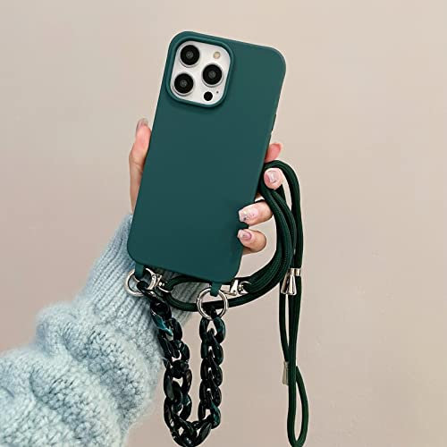 Rokmym Coque pour iPhone 13 Pro Max avec Cordon Collier pour Étui Colliers de cellulaire Corde Coque avec Bracelet Lanyard Antichoc en Souple TPU Bumper Coque pour iPhone 13 Pro Max, Vert foncé