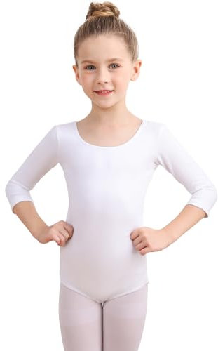 Soudittur Ballettanzug Mädchen, Kinder Ballett Trikot Baumwolle 3/4 Ärmel Ballett Body TanzBody Gymnastikanzug Turnanzug für Damen Größe 150, Weiß