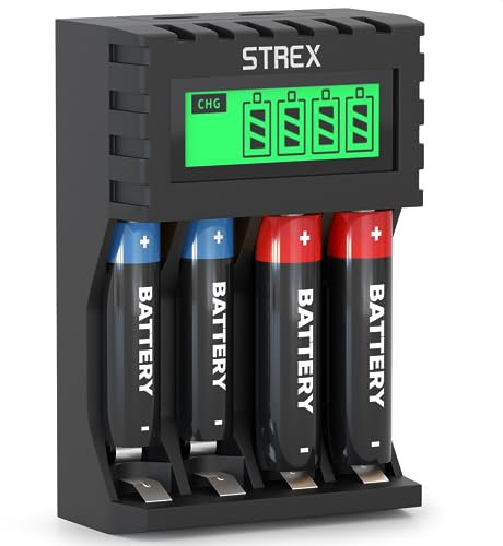 Strex Cargador de Batería - Baterías AA/AAA - USB Recargable - Pantalla LCD - Cargador de Batería Universal Para Baterías Recargables