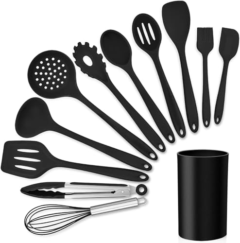 AMD Nexus Kitchen Utensil Set, 12 Piece Cooking Utensils, Silicone Kitchen Utensils Set with Holder, Heat Resistant Kitchen Tools Include Spoons Turner Spatula Ladle Tong for Non-Stick Cookware, Black