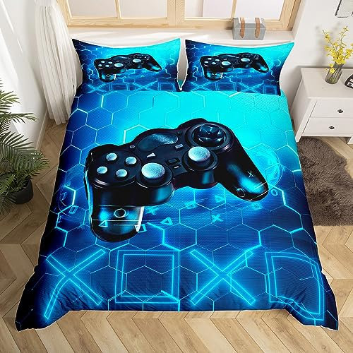 Gaming Bedding Duvet Cover Set Kids Gamer Blue Video Game Bedding Set Games Console Honeycomb Comforter Cover for Boys Hexagon Geometric Bedding Single Size