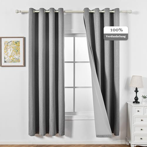 MYSKY HOME Vorhänge Blickdicht Thermovorhang Gardinen Schlafzimmer Hitzeschutz Gardine mit Ösen für Wohnzimmer Verdunklungsvorhänge,2er Set H 225 x B 140 cm,Dunkelgrau.