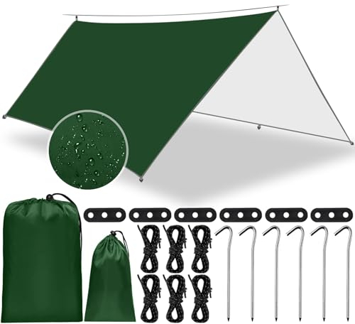 NCKIHRKK Toldo de Refugio Camping 3x3M, Tienda de Campaña Tarp Impermeable con 6 Cuerdas + 6 Clavos de Tierra + 2 Bolsa de Guarda, Lona Toldo Camping para Vivac, Picnic, Playa, Hamaca, Furgoneta