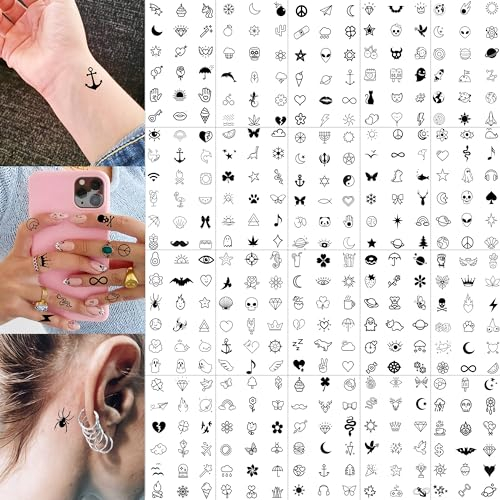 24 Blatt Niedlich klein Temporäre Tattoos Frauen Männer Hände Finger Kinder, Fake Tattoos Damen Herren Klebetattoos Erwachsene Vorlagen, Geometrie Mond Stern Spinne Stern Anker Schlange Halloween