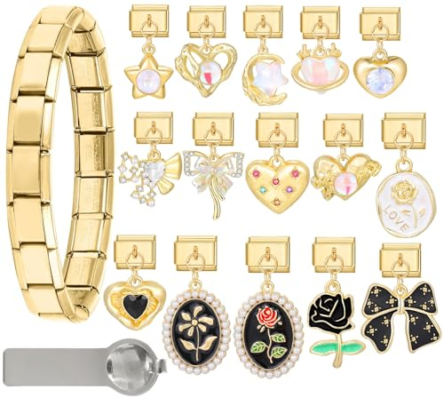 MJARTORIA Italian Charm Bracelet Set Gold Silber 9mm, Armband mit Italian Style Charms für Damen, DIY Abnehmbar Module für Italienische Armbänder, Geschenk für Herren Frauen Jungen Mädchen