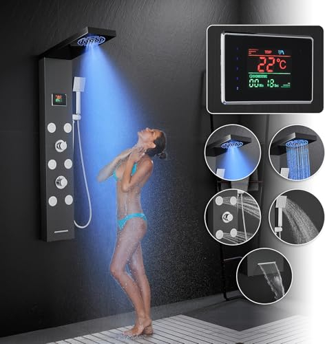Schwarz Duschpaneel Led Batteriefreies KEOKBON Duschpaneele mit Armatur Zeit- und Temperaturanzeige 2-Modus(Spray und Regenfall) Kopfbrause 6 Massagedusche(Winkeleinstellbare) Handbrause Wanneneinlauf