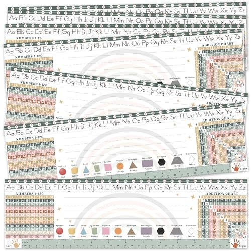 30 Retro Boho Desk Name Tags for Classroom (17x4) - Traditional Manuscript Name Plates - Student Name Tags for Desks Classroom Learning Handwriting Alphabet, Number Line, Colors, Shapes, Number