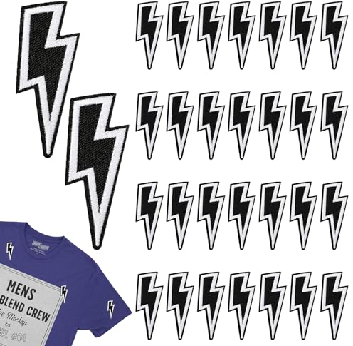 30 Pcs Black Lightning Iron On Patches for Clothing White Edges Lightning Embroidered Patches Lightning Bolt Sew On Patches Flash Appliques for Clothes Shoes Bags Hat Jeans DIY