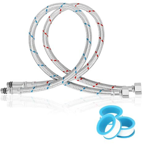 FINEASY 2 Pièces Tuyaux de Raccordement Flexibles 60 cm G3/8 x M10, Avec 3 Rouleaux de Ruban de Téflon, Tressé en Acier Inoxydable, Rallonges de Tuyau pour Robinet pour Cuisine et Salle de Bain