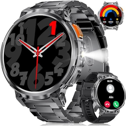 FOXBOX 1.85 IPS Ultra Großer Smartwatch Herren mit Telefonfunktion, Militär Smart Watch mit LED Taschenlampe für Android iOS, 730mAh, IP68 Wasserdicht, 24H Herzfrequenz, 110+ Sportmodi, Metallarmband