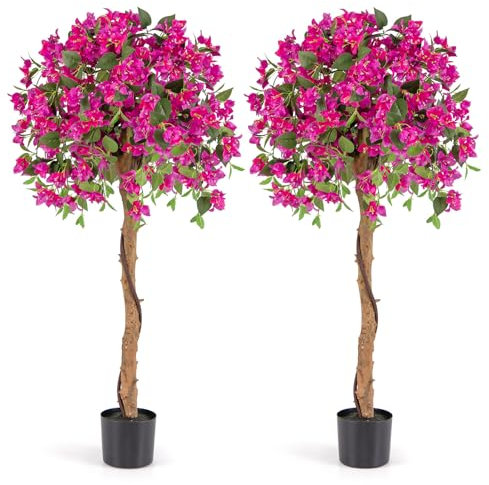 COSTWAY 130CM/4.3FT Ficus Artificial Tree, Fake Azalea Trees in Nursery Pot, Indoor Outdoor Greenery Tall Faux Floor Plant for Living Room Office Decor (2, Red)