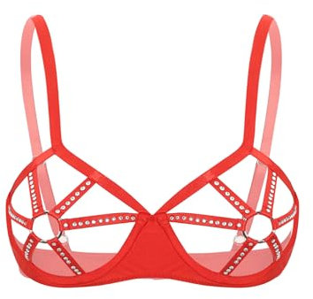 Fldy Womens Caged Cups Open Nipples Push Up Bra Underwired Hollow Out Bustier Balconette Lingerie Red XXL