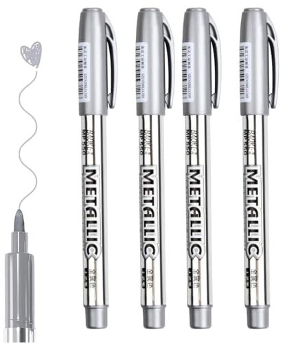 JJiaoLinin Metallic Marker Pen, 4 silberfarbene permanente Metallic-Stifte, Glänzende Highlight Marker Stifte,Permanente Acrylmarker für Kartenherstellung Malerei Album (Silber)