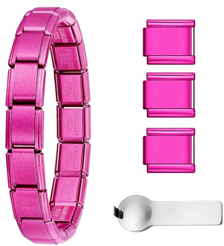 Italian Charm Bracelet 9mm Stainless Steel Modular Link Bracelet Starter Set with 18 Links 3 Extra Charms & Opening Tool - Silver, Gold, Rose Gold, Blue, Black, Red, 18cm Adjustable