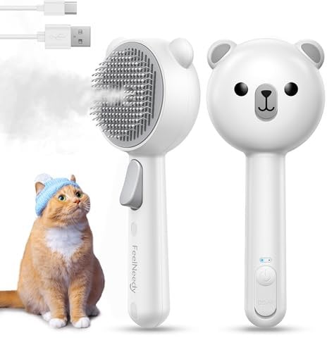 FEELNEEDY Brosse Chat avec Bouton de Déverrouillage, Brosse Vapeur Chat Poil Long ou Court, pour Chiens, Lapins, Rechargeable