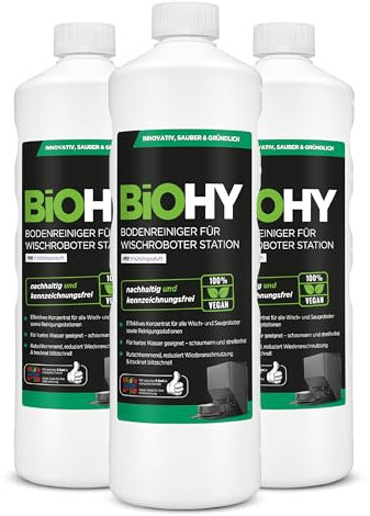 BiOHY Nettoyeur de sol pour robot laveur Station avec parfum printanier (3 x 1 litre) | Nettoyant concentré pour tous les types de balai et robot aspirateur avec fonction humide | Faible mousse et